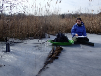 Checking water under the ice with YSI probe